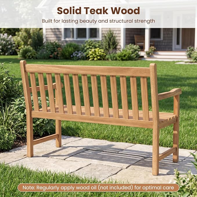 Tangkula 51" Teak Wood Outdoor Bench, 2-Person Solid Wood Garden Patio Bench with Backrest and Armrests, Wooden Loveseat Seating Furniture for Porch, Balcony, Backyard and Deck