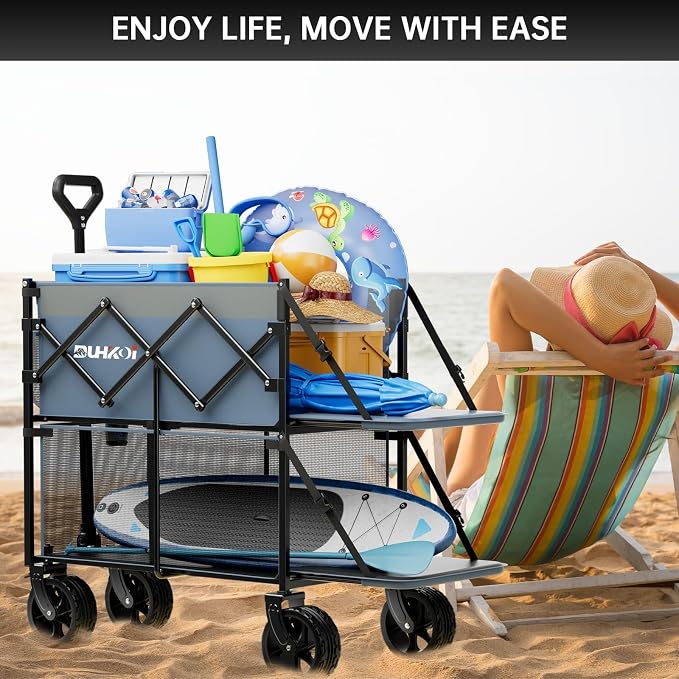 Double Decker Collapsible Wagon with Brakes,Compact with Tailgate | Big All-Terrain Wheels , 2-Tier for Camping Gear, Sports, Groceries, Shopping, Garden & Outdoor Use,Light Blue