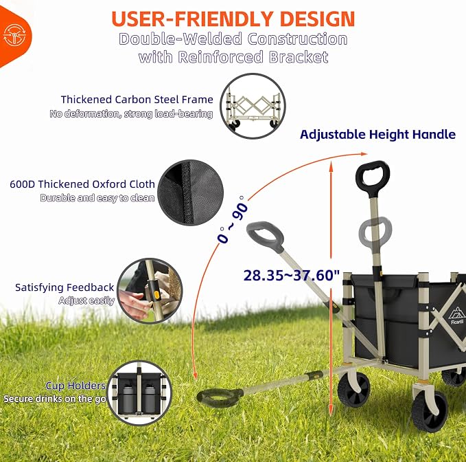 Collapsible Wagon 360LBS Heavy Duty Foldable Utility Cart | Beige Anti-Rust Frame, Black 600D Fabric Removable Liner, Tempered PU All-Terrain Wheels, Fold for Camping Garden Grocery