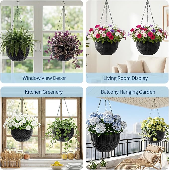 13.8 Inch Self Watering Hanging Planter, 4PCS Round Resin Hanging Basket for Indoor Outdoor Plants, Rattan Look Flower Pot with Drainage Plug, Deep Inner Pot and Sturdy Metal Triple-Chain Hanger