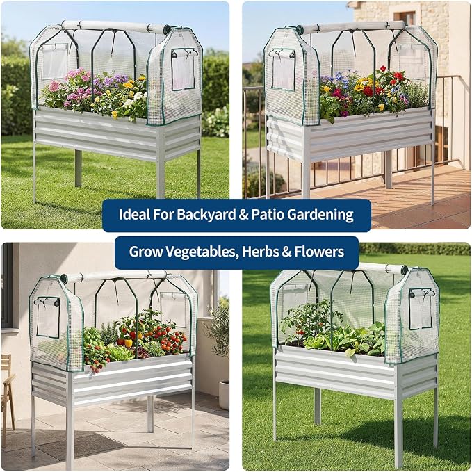 48Ć24Ć56in Galvanized Elevated Raised Garden Bed with Legs, Greenhouse Cover & Bird Net, Deep Metal Raised Planter Box for Backyard Patio Balcony Vegetables Herbs Flowers