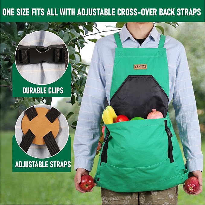 Grampa's Garden Apron - Cross Back Gardening Apron With Pockets For Women & Men | Harvest Apron with Large Kangaroo Pouch