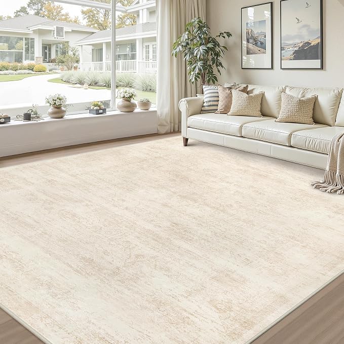 Area Rugs 9x12 Living Room: Bedroom Washable Carpet Retro Beige | Large Vintage Boho Indoor Decor Neutral Soft Nursery Farmhouse Dining Room Office Floor Non-Slip Low Pile Under Table Rug