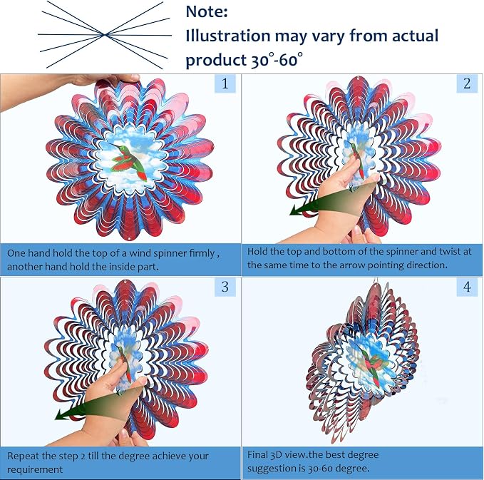 Hummingbird Wind Spinner - 3D Animated Wind Spinners, Garden Decor | 12 inch Kinetic Hanging Sculpture - Creates Flying bird Animation Effect. Outdoor Decoration, Gifts for Women/Men & Christmas