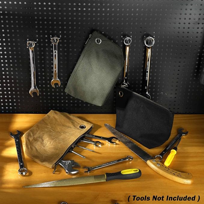Heavy Duty 16oz Waxed Canvas Tool Storage Bags, Standable One-Piece Tool Organization Pouch - 3 Pack Pouches with Brass Zipper & Grommet (Small)