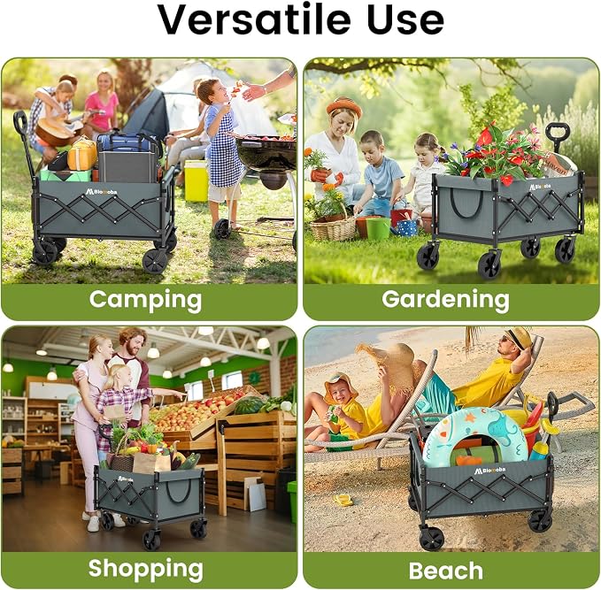 Collapsible Wagon with Wheels, 220 lbs Wagons Carts Foldable Wagon Cart with Flexible Handle, Lightweight Portable Folding Utility Grocery Shopping Cart for Grocery Sports Garden Camping, Gray