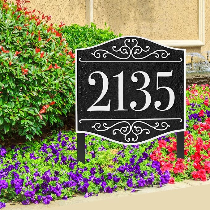 Personalized Lawn Address Sign - Custom Address Plaque,House Number Sign Plaque,House Numbers for Outside Lawn,Ground,Yard,Garden (Black/Silver)