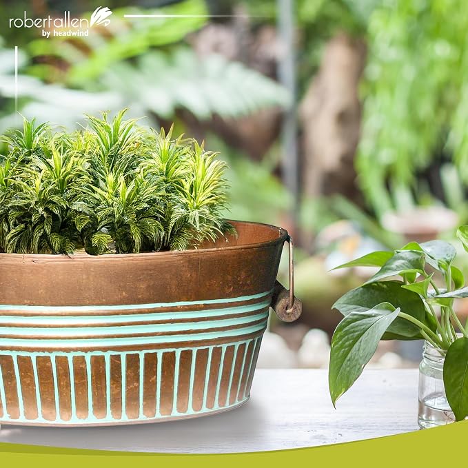 Headwind Vintage Collection 14-Inch Vintage Copper Oval Galvanized Tub with Handles – Metal Wash Basin Planter - Galvanized Metal Tub for Indoor & Outdoor Use by Robert Allen