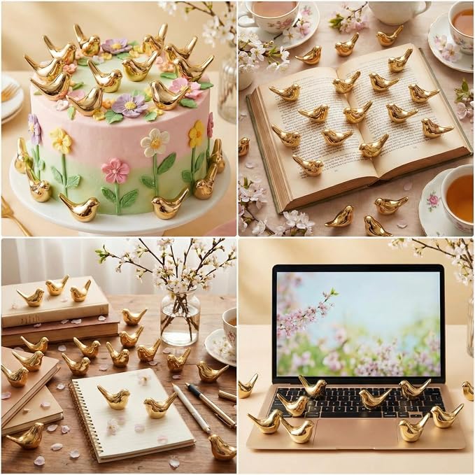 Sieral 100 Pcs Golden Mini Bird Figurines Miniature Resin Bird Statues Small Animal Statues Fairy Garden Accessories for Micro Garden Landscape Dollhouse Cake Potted Plants DIY Craft, 0.59 x 0.67 Inch
