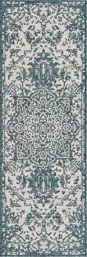 Unique Loom Outdoor Collection Area Rug - Dubai (2' x 6' 1" Runner, Teal/ Ivory)