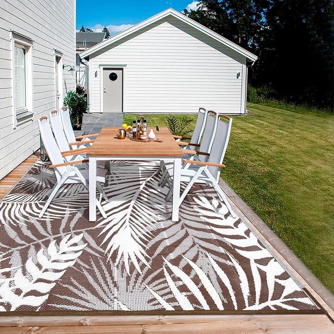 Outdoor Rug Waterproof for Patios Clearance, Reversible Outdoor Plastic Straw Rug Camping Carpet, Outside Floor Mats Large Area Rugs for RV,Patio,Deck,Porch,Beach,Balcony,10'x8',Brown&White