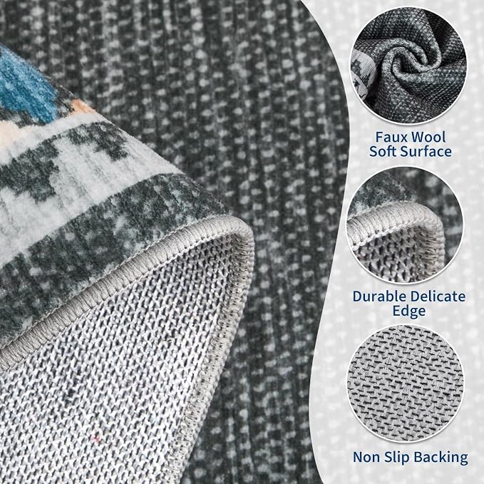 Garvee 5x7 Area Rugs Tribal Border Washable Rugs Living Room, Dark Gray | Floral Border Area Rug Stain Resistant Easy Cleaning Throw Rugs Non Shedding Low Pile Floor Cover for Nursery Dining Room