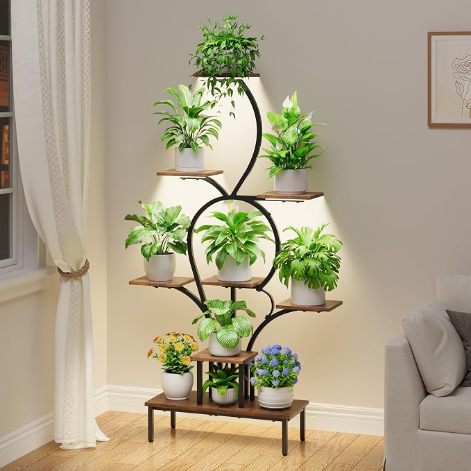 POZILAN 9-Tier Tall Plant Stand Indoor with Grow Lights, Metal & Wood Corner Plant Shelf for Living Room Balcony, 63" Tiered Display Rack for Heavy Pots, S-Shaped Modern Flower Holder, Black
