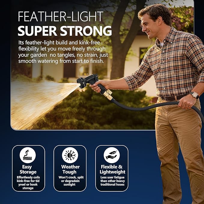 Flexible Garden Hose 25 FT, Ultra Lightweight Water Hoses 25FT w/10 Function Sprayer and 3/4" Brass Fittings, Kink-Free, Sturdy, Abrasion Resistant for Yard, Lawn, Outdoor and Gardening(Black)