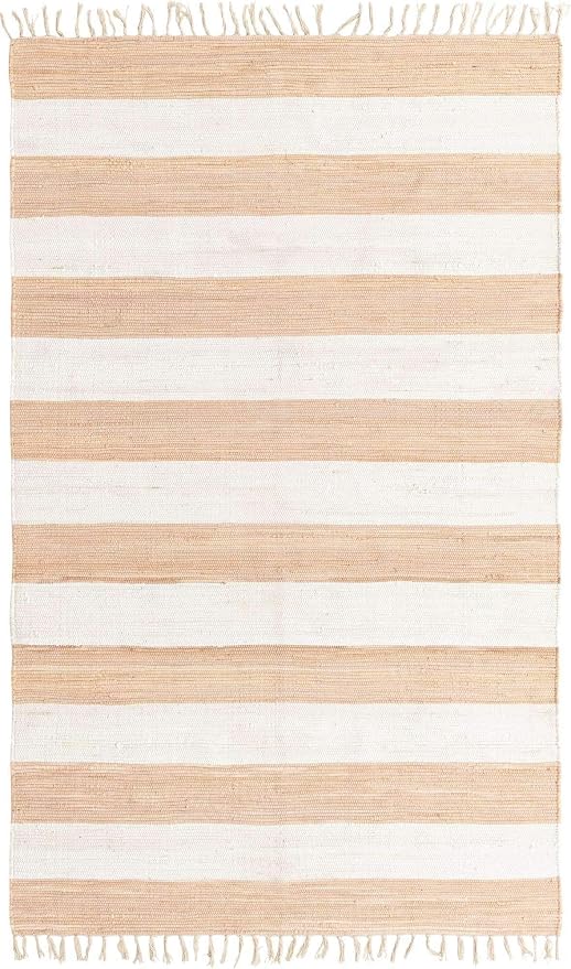 Unique Loom Chindi Rag Collection Area Rug - Striped (5' 1" x 8' Rectangle, Beige/ Ivory)