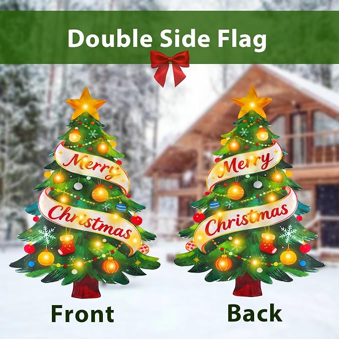 Lighted Christmas Garden Flag for Outside, Solar LED Xmas Tree Flag Decoration, 12x18 Double Sided Outdoor Yard Lawn Decor (Shape Christmas Tree, 12x18 Inch)