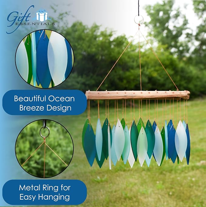 Blue Handworks Ocean Breeze Glass Chime, Sandblasted Glass and Found Wood Handcrafted Wind Chime | Sandblasted Glass and Found Wood Handcrafted Wind Chime