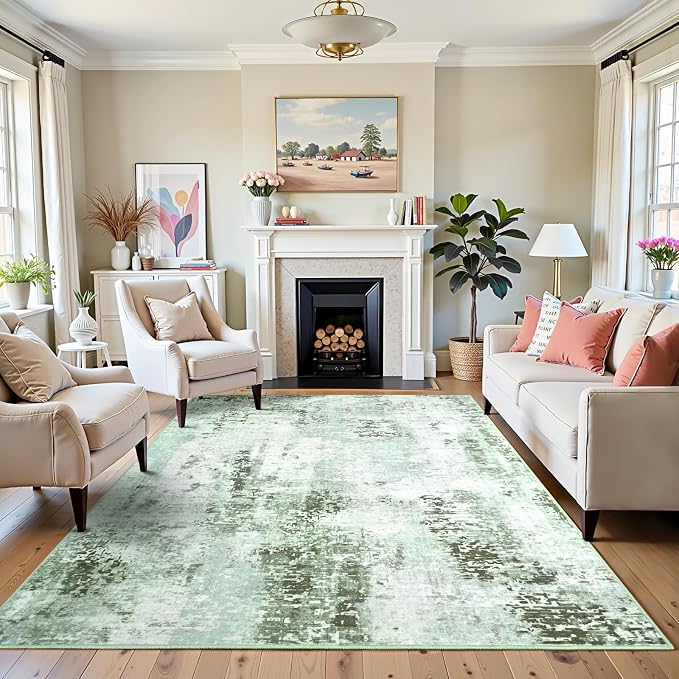 4x6 Green Washable Area Rug for Living Room Bedroom, Modern Abstract Non-Slip Rugs, Low Pile Soft Stain Resistant Carpet for Dining Room, Kitchen, Office, Dorm, Bedside Decor