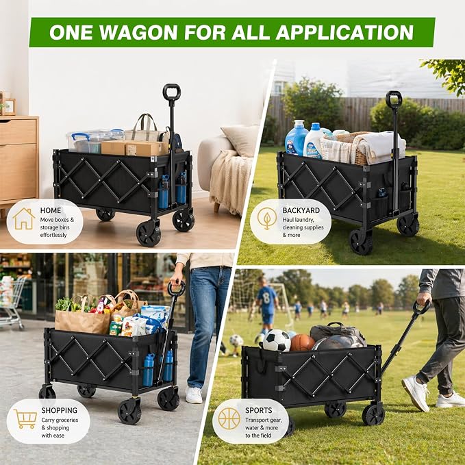 Collapsible Wagon Cart with Wheels Foldable, 360lbs Large Capacity Portable Folding Utility Heavy Duty Beach Wagons Cart with All-Terrain Wheels for Shopping, Camping, Sports, Garden