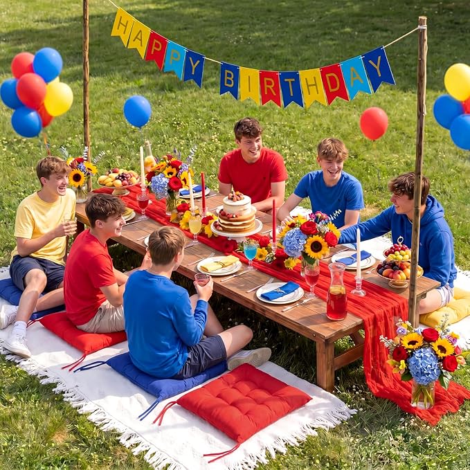Extra Large Outdoor Picnic Blanket with Table Runner and Floor Pillow Cushion for Picnic Wedding Birthday Baby Shower Backyard Decor(91 x 71'',Deep Blue,Red,Lemon Yellow,8 Pcs)