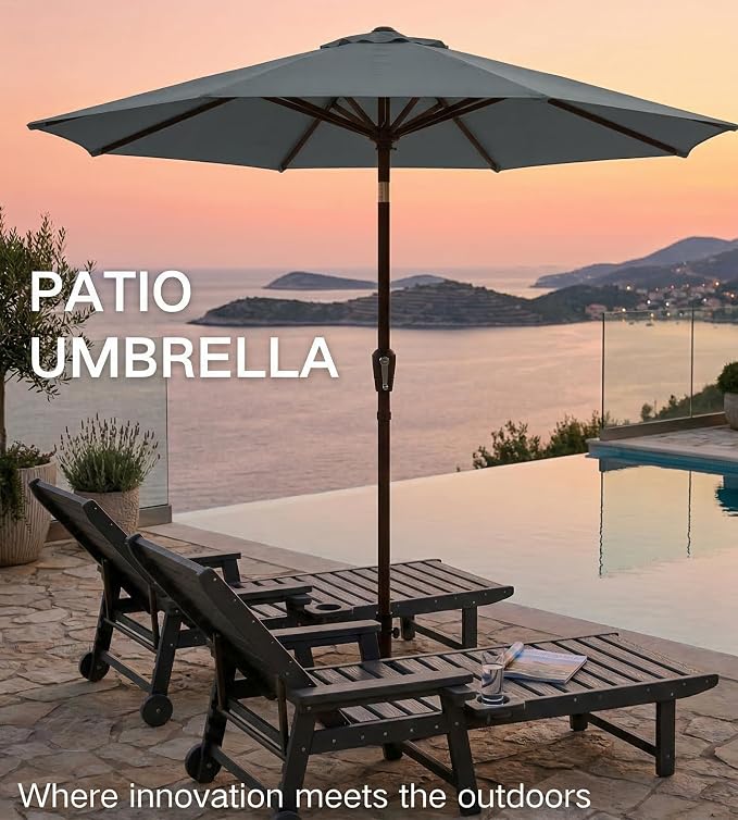 PatioKingdom 9FT Patio Outdoor Umbrella-UPF 50+ Sun Shade with Wind Vent, Push-Button Tilt & Smooth Crank Lift, Rust-Resistant Fiberglass Frame for Garden, Backyard,Yard (Gray)