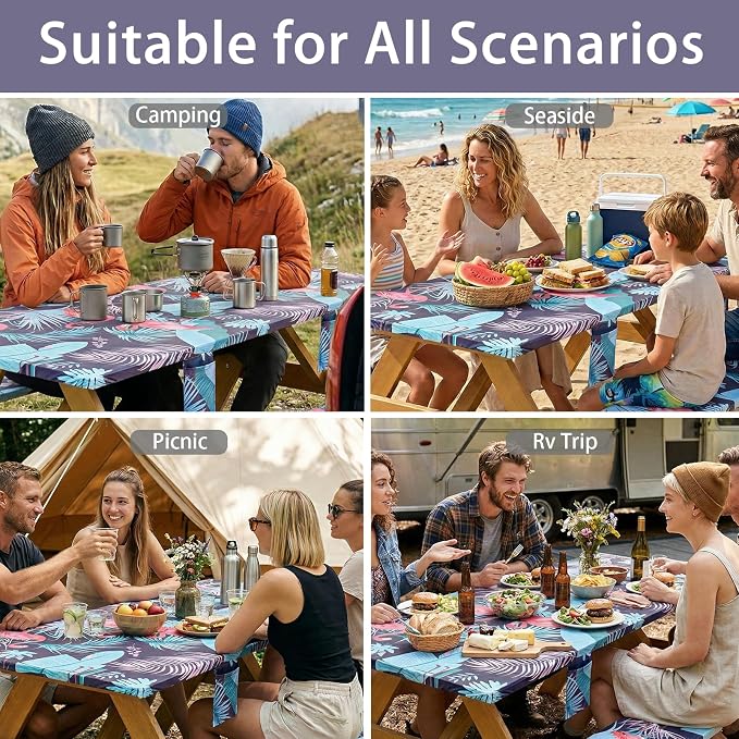 Fitted Waterproof Picnic Table Cover with Bench Covers Heavy Duty Elastic Outdoor Camping Tablecloth for 6 Foot Rectangle Tables Summer Rv Accessories Patio Garden Road Trip Essentials Gifts