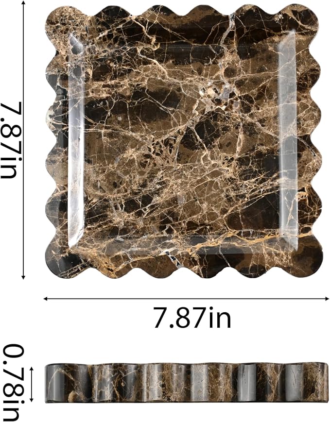 Scalloped Square Marble Decorative Tray, Natural Stone Vanity & Jewelry Tray, Trinket Organizer for Ring, Key, Dresser, Nightstand, Bathroom Counter & Kitchen Sink(Dark Brown Net)
