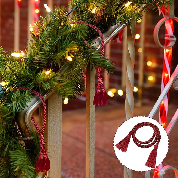 Dingion 20 Pcs Christmas Garland Decorative Banister Ties with Tassel 25.2 Inches Christmas Reusable Twist Ties for Garland Fireplace Staircase Banister Home Xmas Holiday Decorations(Burgundy)
