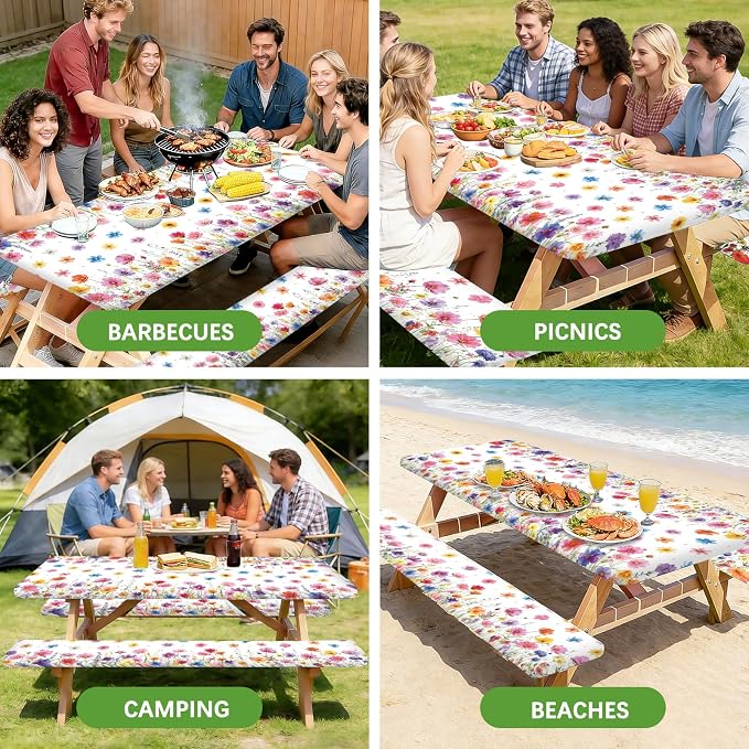 Flowers Picnic Table Cover with Bench Covers Elastic Edges, 3 Pcs Flowers Fitted Table Cover with Drawstring Bag, Waterproof Windproof Aesthetic Camping Tablecloth, Outdoor Camping Essentials 72 Inch