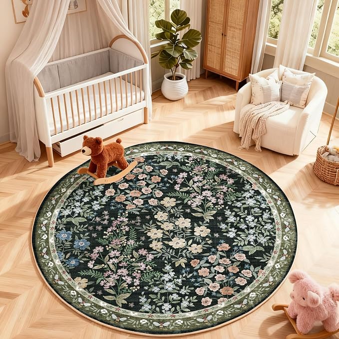 Washable Round Rugs for Bedroom 4ft: Living Room Rug Stain Resistant Non Slip Low Pile Ultra Soft Faux Wool Small Circle Rugs for Entryway Kitchen Nursery Dorm Home Office Bathroom Entrance Indoor