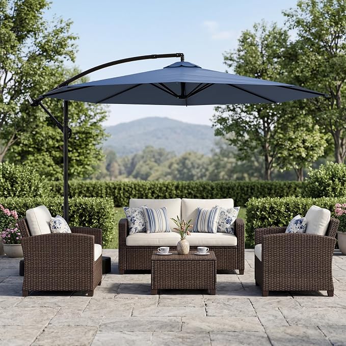 10FT Patio Umbrella with Base, Outdoor Umbrella Pool Umbrella Cantilever Umbrells - UV Protection, Easy Tilt & 360° Rotation for Poolside, Backyard & Garden