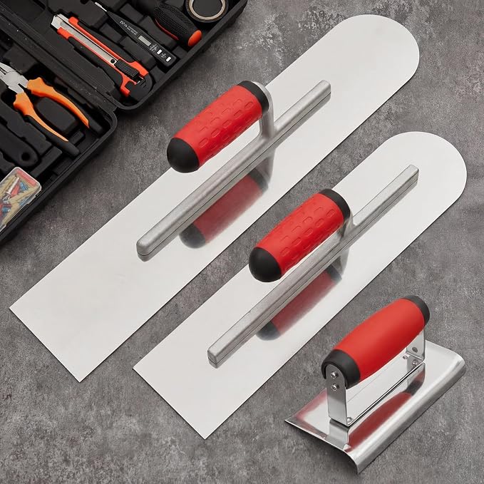 Large 20" & 16" Concrete Finishing Trowel Set, Stainless Steel Masonry & Plastering Finishing Trowels, Square & Round End Trowels with 6" x 3" 1/4" R Edger, DIY Patio, Driveway & Small Projects
