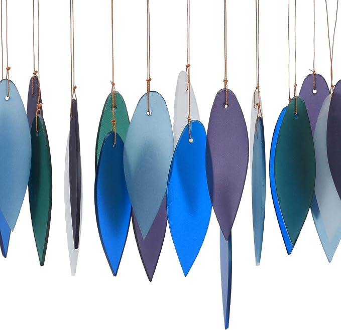 Blue Handworks Pacific Coast Glass Leaves Wind Chime | Sandblasted Glass and Found Wood Handcrafted Wind Chime