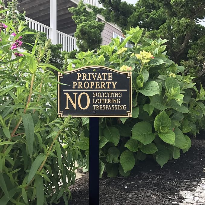SmartSign Private Property Sign for Yard, No Soliciting Loitering Trespassing Garden Plaque | 5.75" x 9.5" Aluminum Plaque with 18" Black Lawn Stake, Made in USA