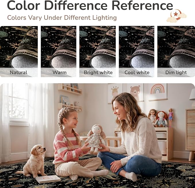 Vacuum-Friendly, Round 8ft Washable Area Rug, Black Green Beige | Sun and Moon Boho Gothic Non-Slip Low Pile Living Roon Bedroom Dining Room Kitchen Entry Entryway Entrance Hallway Doormat