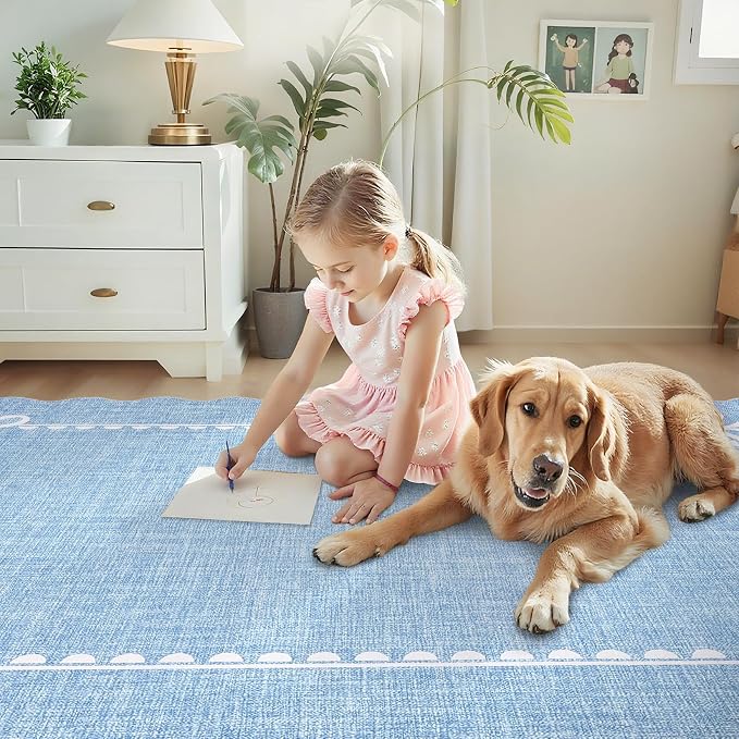 GarveeHome Scalloped Bow Rug 3x5 Washable Blue Rugs for Bedroom Living Room | Non Slip Soft Low Pile Indoor Carpet for Nursery Girls Bedroom Decor Hallway Kids Room College Dorm Playroom
