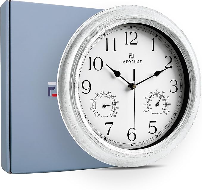 Lafocuse 12 Inch White Outdoor Clocks Waterproof for Patio Pool Bathroom | With Thermometer Combo and Hygrometer, Vintage Rustic Weather Outside Clock for Garden Garage Porch Kitchen, Silent, Accurate