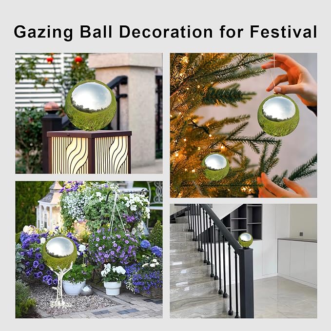 Gazing Ball Garden Mirror Outdoor - Outside Decorative Globe, Silver, 10Pcs | Metal Polished Reflective Sphere, Stainless Steel Hollow Decoration Ornament for Home Pond Swimming Pool Housewarming Gift