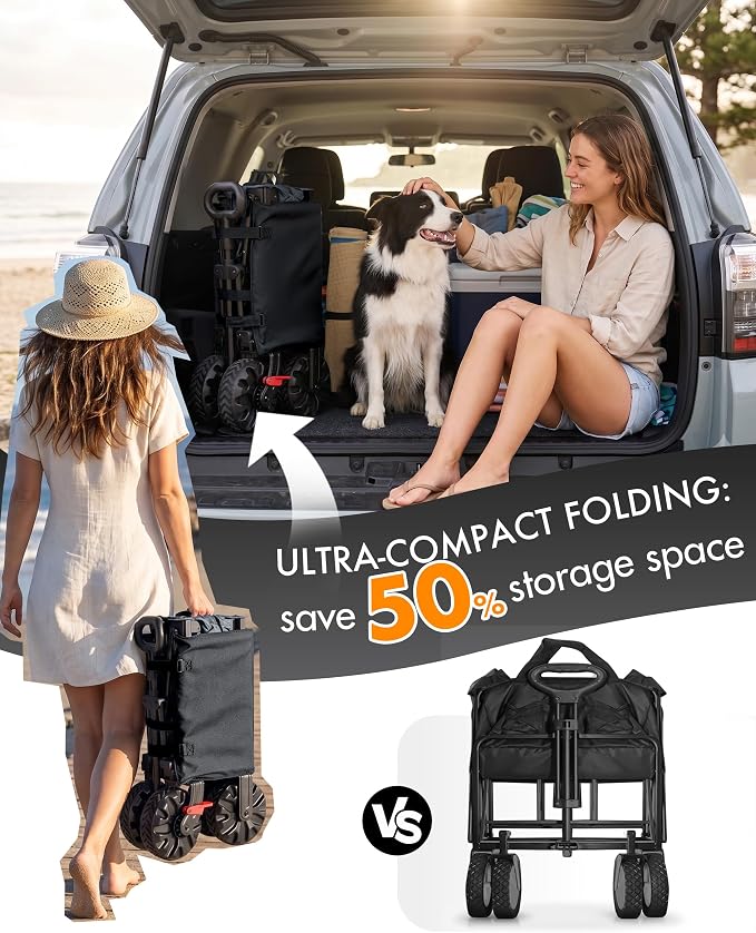 PORTAL Heavy-Duty Folding Wagon Cart, Large Collapsible Utility Wagon with All-Terrain Wheels for Beach, Camping, Garden & Grocery