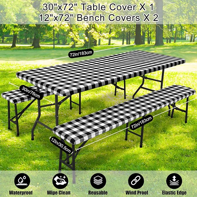 Smiry Picnic Table Cover with Bench Covers, Waterproof Elastic Fitted Tablecloths for 6 Foot Rectangle Tables, Washable Buffalo Plaid Tablecloth for Camping, Outdoor (Black & White, 30"x72")
