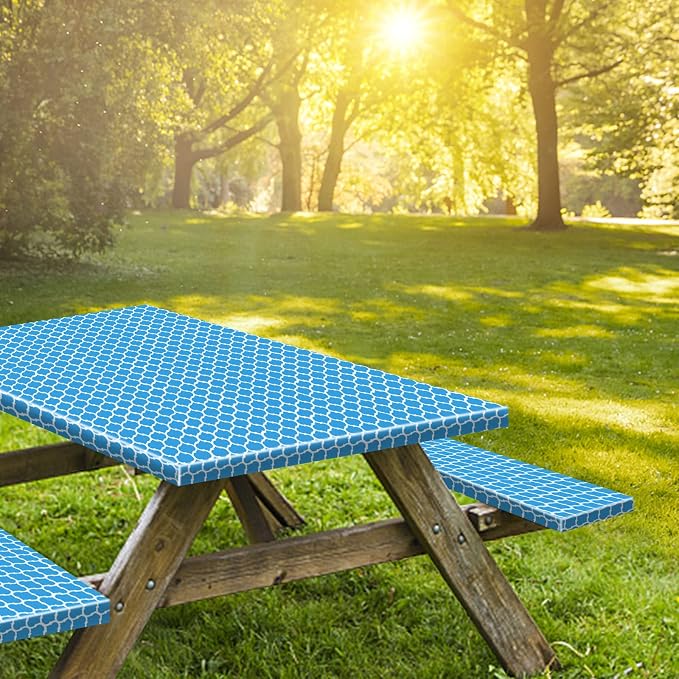 6ft Picnic Table and Bench Cover, Camping Essentials RV Gear, 72 in Waterproof Windproof Outdoor Elastic All Around Tablecloth, Fitted Rectangle Tables and Seats, Blue-White Moroccan