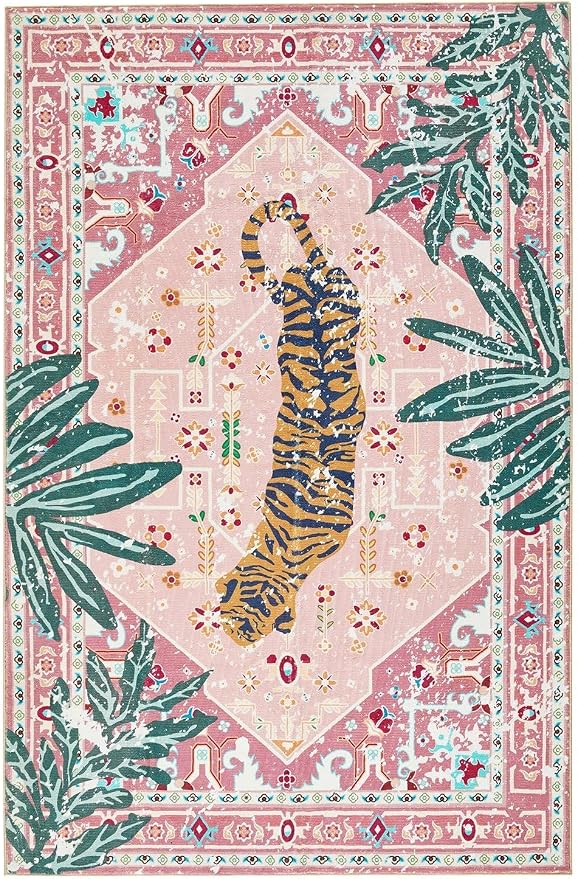 Washable Pink Rugs Boho Vintage Tropical Jungle 5x7 Area Rugs Jungle Oriental Carpet for Bedroom Kitchen Dining Living Room Office Distressed Indoor Cute Nursery Rug