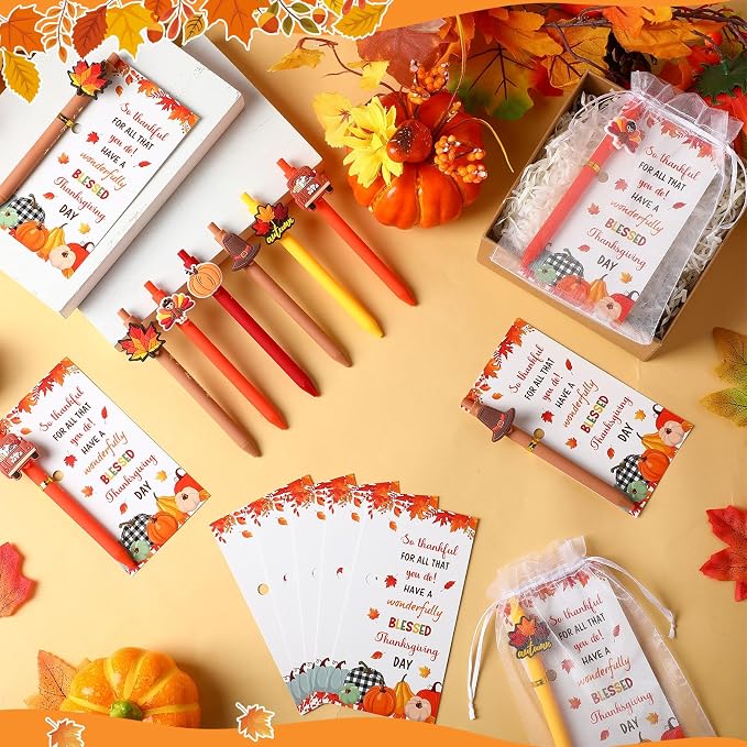 Marspark 30 Sets Fall Gifts Bulk Thanksgiving Ballpoint Pens and Thankful Maple Greeting Cards Set with Bags Twist Ties Autumn Holiday Appreciation Gifts for School Office Thanksgiving Party Favors