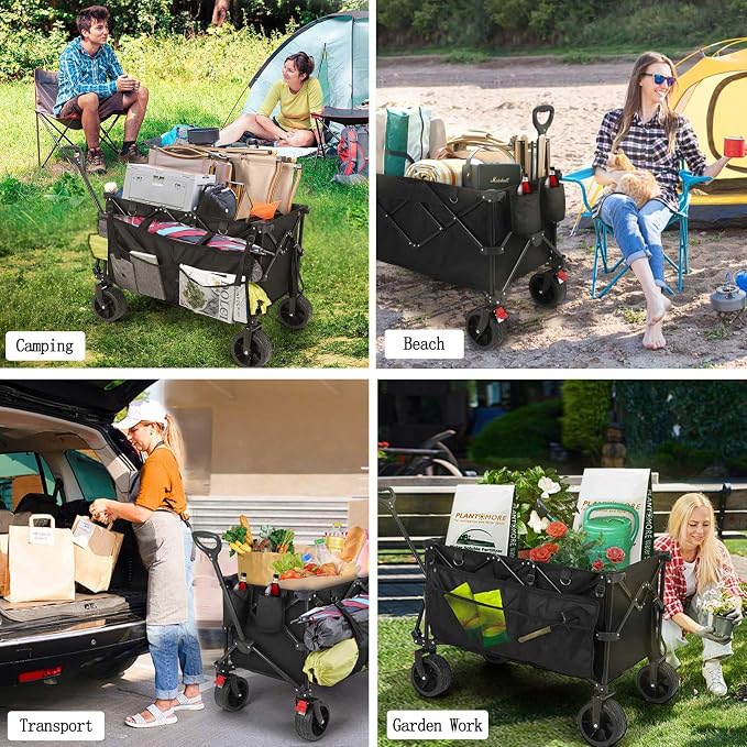 HAUSPROFI Collapsible Wagon Cart, 400 lbs Capacity, 7 cu ft (200L) Large Storage, Heavy Duty Foldable Utility Wagon with Pockets, Beach Wagon with Big Wheels for Sand, Garden, Camping & Grocery