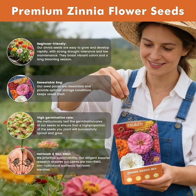 Zinnia Seeds for 2026 Planting, 5000+ Flowers Seeds, 7 Vibrant Colors Mix & Large Bloom, Heirloom Wildflower Seeds for Pollinator Garden Outdoor Borders, Easy to Grow Annual Flowers