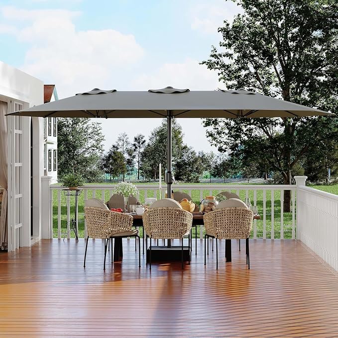 Garvee 15FT Rectangular Outdoor Umbrella Patio Umbrella with Base Included Large Market Umbrellas with Crank Handle UV Protection Table Umbrellas for Outdoor, Backyard, Deck, Poolside, Grey