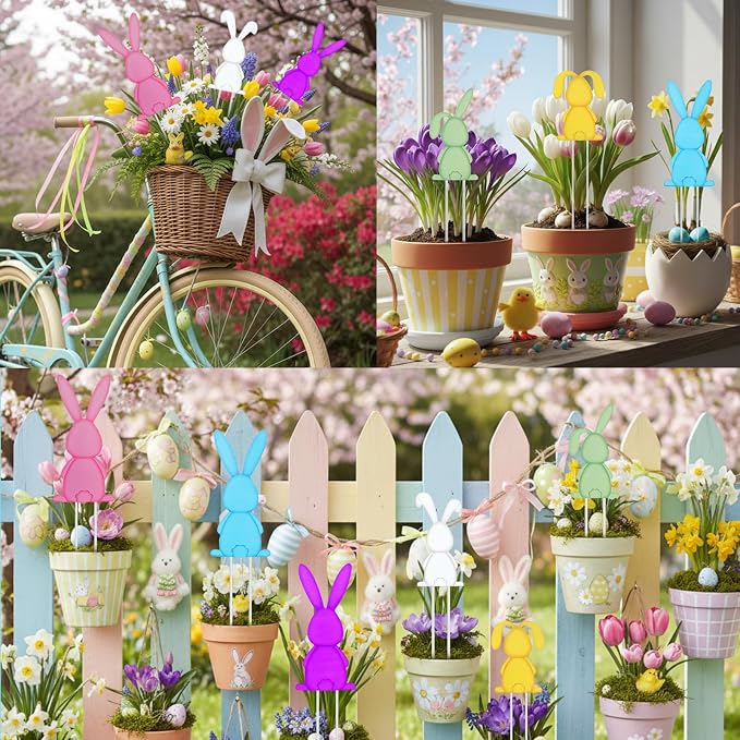 Pickmesh 6 Pcs 14'' H Easter Outdoor Decorations Easter Yard Sign Metal Bunny Yard Stake Multicolored Rabbits Barn Garden Stake for Planter Pot Spring Walkway Pathway Lawn Decor