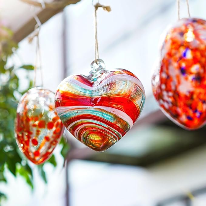 Hand Blown Glass Red Heart Ornaments Hanging Friendship Hearts for Outdoor | Thickened Shatter-Resistant Hand Blown Glass, Garden Tree Wedding Party Hanging Ornament