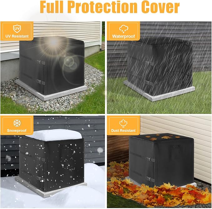 SUNICO Winter Air Conditioner Covers for Outside Units, 34x34x30in, Black | 3 Layers insulation waterproof cover, heavy duty 600D, antifreeze aluminum foil layer, snowproof, windproof buckle strap