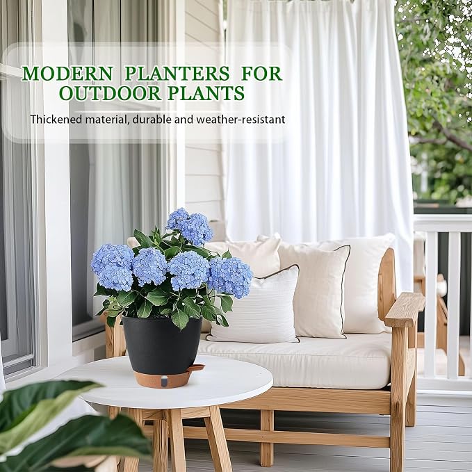 Self Watering Pots for Inoor Ourdoor Plants 8/7/6.5/6/5 Inch Plastic Planters with Drainage Holes & Water Level Indicator, Decorative House Flower Nursery Planting Pots with Saucers (Black)
